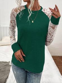SHEIN LUNE Contrast Lace Raglan Sleeve Tee - Dark Green - View 3
