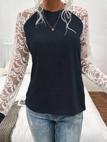 SHEIN LUNE Contrast Lace Raglan Sleeve Tee - Navy Blue - View 3