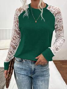 SHEIN LUNE Contrast Lace Raglan Sleeve Tee - Dark Green - View 4
