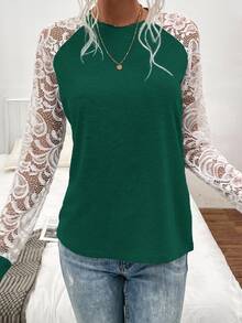SHEIN LUNE Contrast Lace Raglan Sleeve Tee - Dark Green - View 5