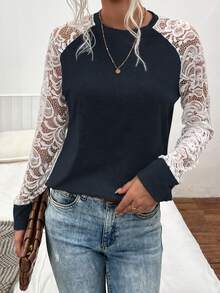 SHEIN LUNE Contrast Lace Raglan Sleeve Tee - Navy Blue - View 4
