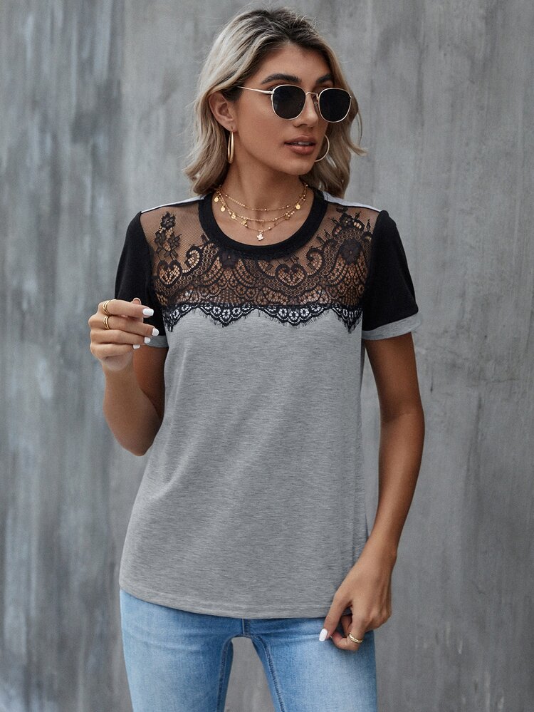 SHEIN Unity Lace Panel Colorblock Tee - Grey - View 3