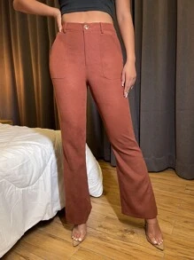 High Waist Corduroy Boot Cut Leg Trousers - Rust Brown - View 1