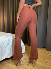 High Waist Corduroy Boot Cut Leg Trousers - Rust Brown - View 2