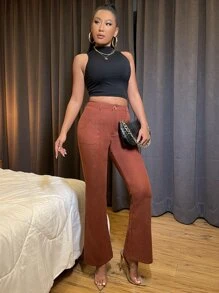 High Waist Corduroy Boot Cut Leg Trousers - Rust Brown - View 3