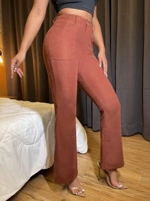 High Waist Corduroy Boot Cut Leg Trousers - Rust Brown - View 5