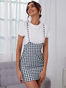 格子圖案背帶洋裝 - 黑與白 - 查看 4