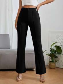 SHEIN PETITE High Waist Press Crease Flare Leg Pants - Black - View 1
