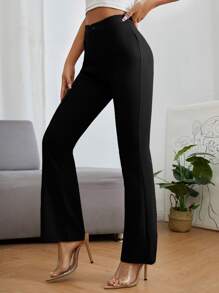 SHEIN PETITE High Waist Press Crease Flare Leg Pants - Black - View 3