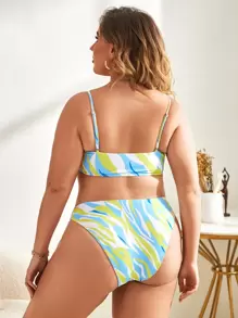 SHEIN Swim Curve 大尺碼流體圖案手帕下擺比基尼套裝夏季海灘 - 彩色 - 查看 2