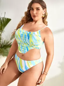 SHEIN Swim Curve 大尺碼流體圖案手帕下擺比基尼套裝夏季海灘 - 彩色 - 查看 4
