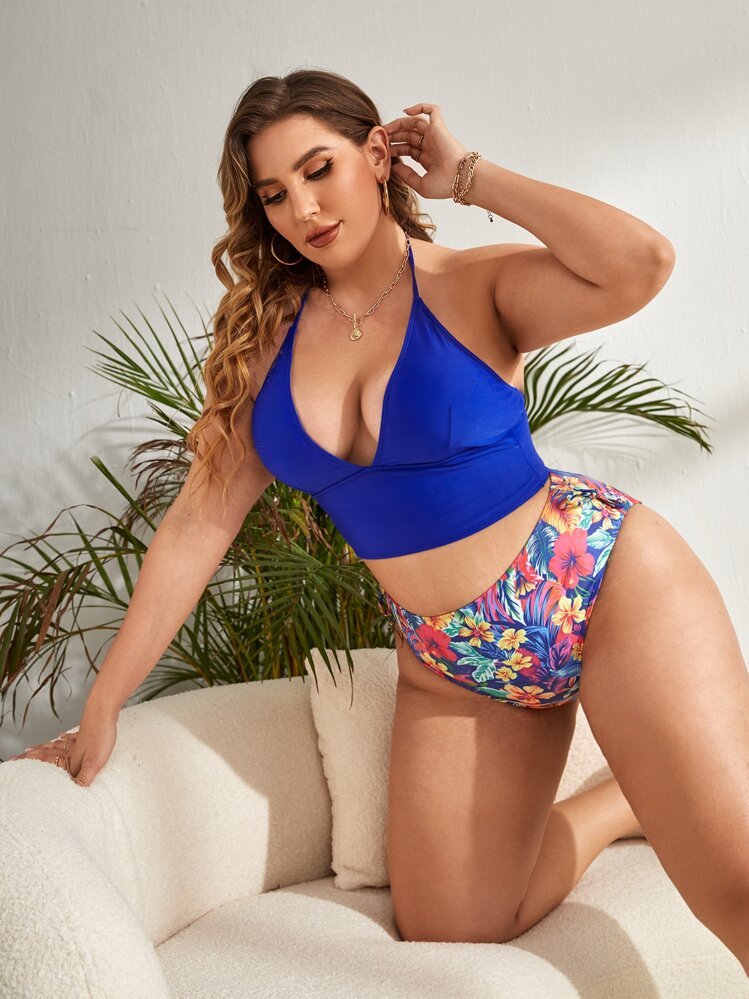 SHEIN Swim Curve 大尺碼花卉印花側繫帶比基尼套裝夏日海灘 - 彩色 - 查看 1