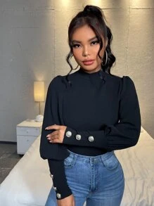 SHEIN Privé 小高領後鎖孔T恤 - 黑色 - 查看 1