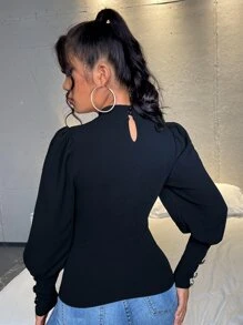 SHEIN Privé 小高領後鎖孔T恤 - 黑色 - 查看 2