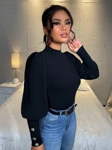 SHEIN Privé 小高領後鎖孔T恤 - 黑色 - 查看 3