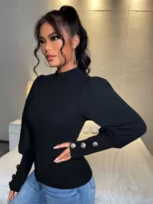 SHEIN Privé 小高領後鎖孔T恤 - 黑色 - 查看 4