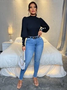 SHEIN Privé 小高領後鎖孔T恤 - 黑色 - 查看 5