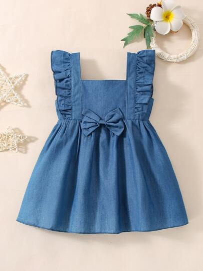 Baby Girl Ruffle Trim Square Neck Bow Front Denim Overall Dress