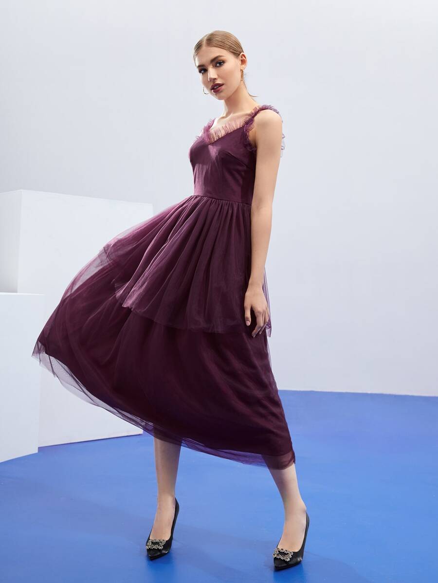 REVELIGION 褶邊後拉鏈網紗覆蓋洋裝 - 紫色 - 查看 1