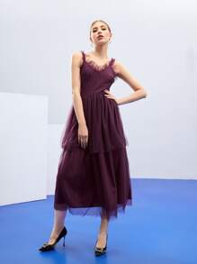 REVELIGION 褶邊後拉鏈網紗覆蓋洋裝 - 紫色 - 查看 3