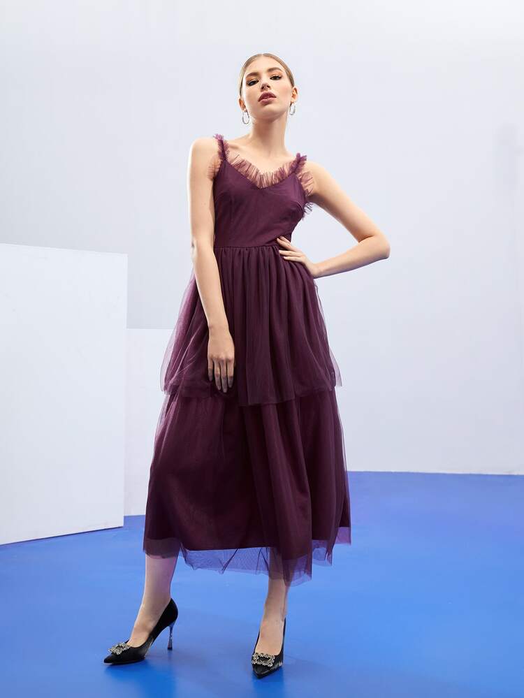 REVELIGION 褶邊後拉鏈網紗覆蓋洋裝 - 紫色 - 查看 3