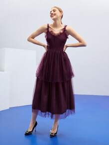 REVELIGION 褶邊後拉鏈網紗覆蓋洋裝 - 紫色 - 查看 4