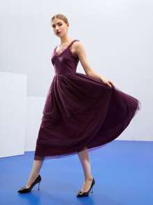 REVELIGION 褶邊後拉鏈網紗覆蓋洋裝 - 紫色 - 查看 5