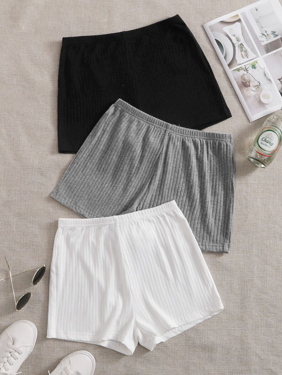 SHEIN EZwear 3条装罗纹针织骑行短裤