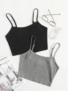 SHEIN EZwear 2 Packs Solid Rib-Knit Cami Top - Multicolor - View 1