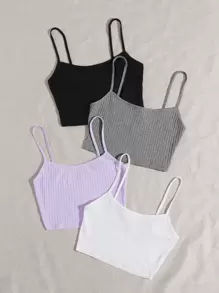 SHEIN EZwear 4 piezas top de tirantes tejido de canalé ribete en forma de lechuga - Multicolor - Ver 3