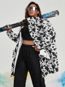 SHEIN Áo khoác đệm có khóa kéo in họa tiết toàn thân cỡ lớn phía trước - Đen và trắng - Xem 1