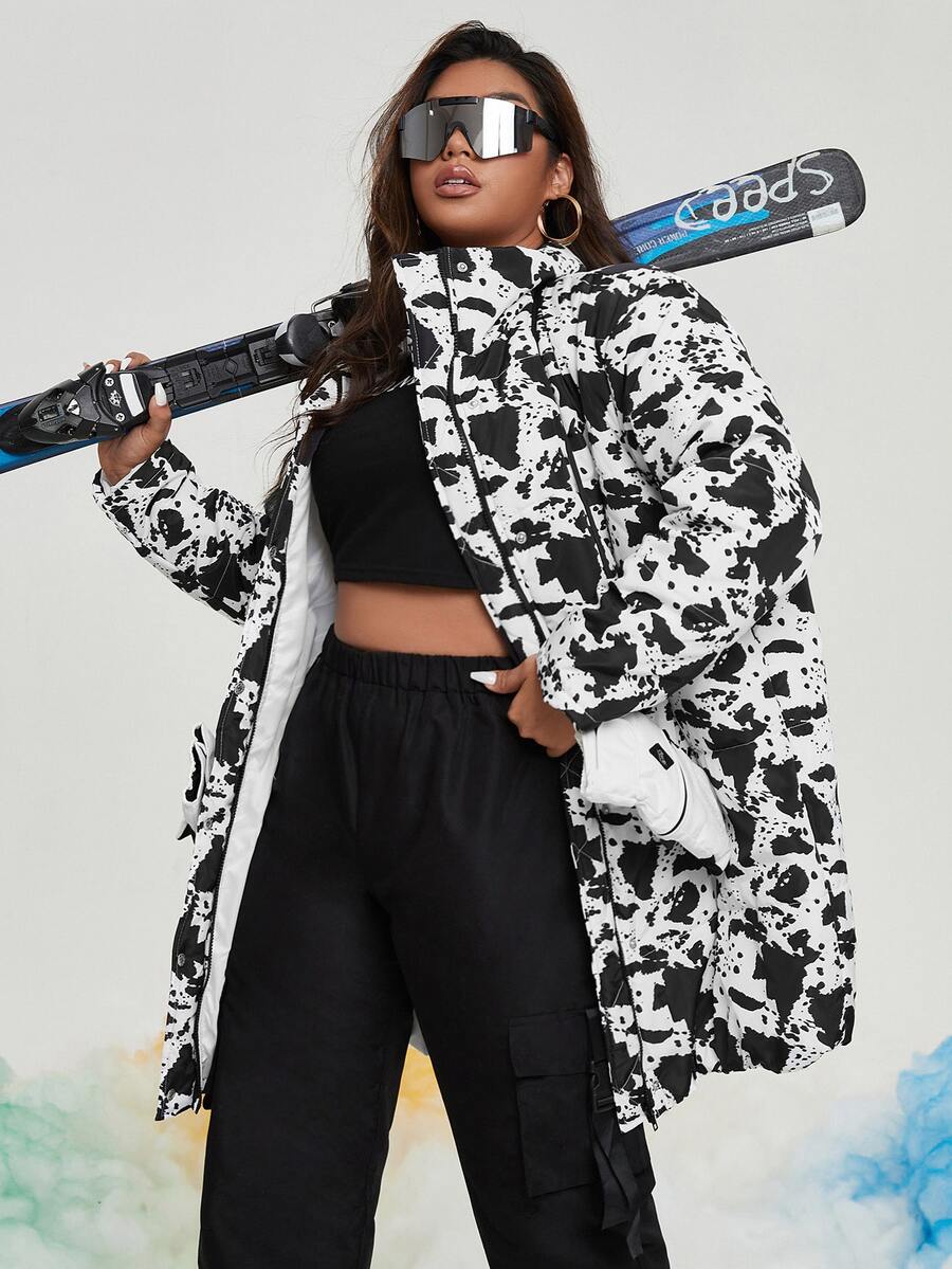 SHEIN Áo khoác đệm có khóa kéo in họa tiết toàn thân cỡ lớn phía trước - Đen và trắng - Xem 1