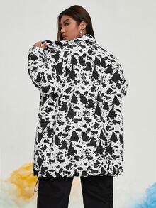 SHEIN Áo khoác đệm có khóa kéo in họa tiết toàn thân cỡ lớn phía trước - Đen và trắng - Xem 2