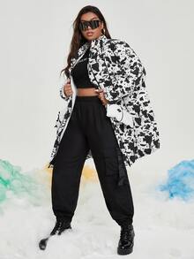 SHEIN Áo khoác đệm có khóa kéo in họa tiết toàn thân cỡ lớn phía trước - Đen và trắng - Xem 3