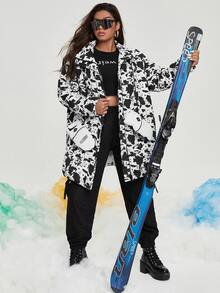 SHEIN Áo khoác đệm có khóa kéo in họa tiết toàn thân cỡ lớn phía trước - Đen và trắng - Xem 4