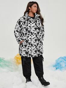 SHEIN Áo khoác đệm có khóa kéo in họa tiết toàn thân cỡ lớn phía trước - Đen và trắng - Xem 6