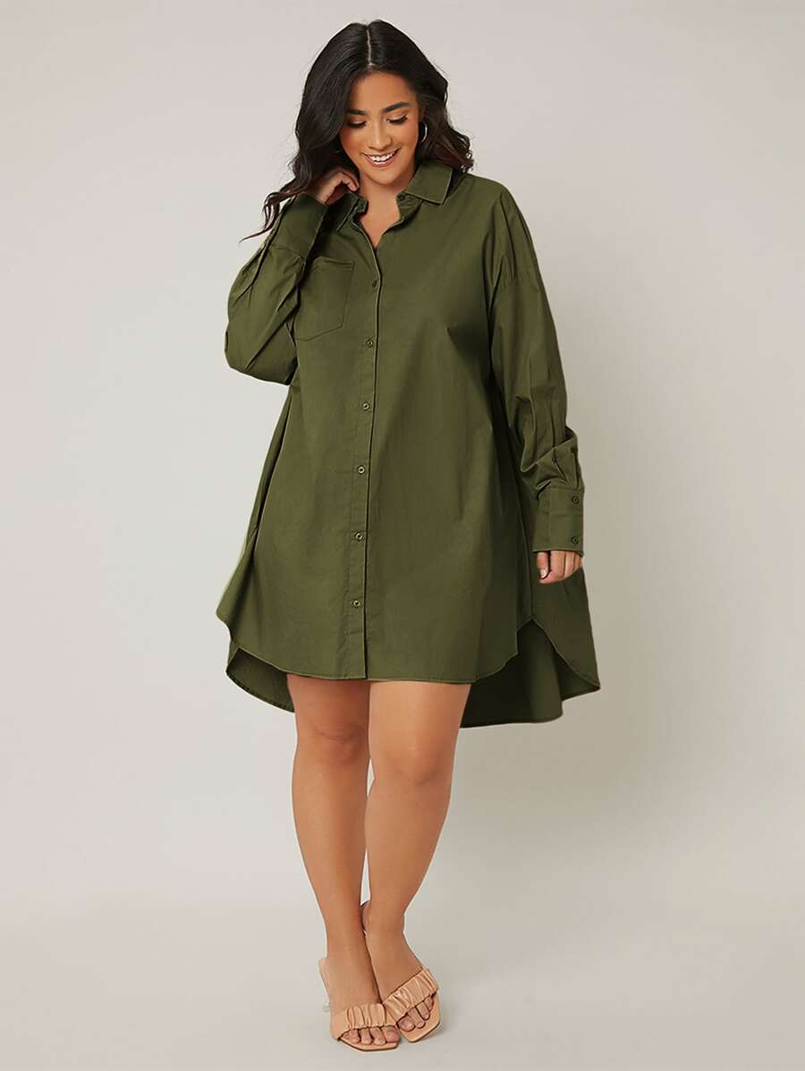 SHEIN LUNE Đầm Plus Size Cao thấp Túi Nút phía trước màu trơn Thanh lịch - xanh quân đội - Xem 1