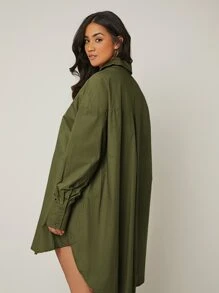 SHEIN LUNE Đầm Plus Size Cao thấp Túi Nút phía trước màu trơn Thanh lịch - xanh quân đội - Xem 2