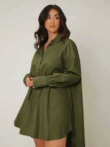 SHEIN LUNE Đầm Plus Size Cao thấp Túi Nút phía trước màu trơn Thanh lịch - xanh quân đội - Xem 3