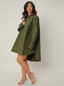 SHEIN LUNE Đầm Plus Size Cao thấp Túi Nút phía trước màu trơn Thanh lịch - xanh quân đội - Xem 5