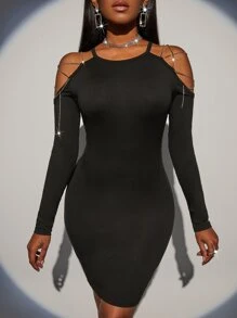 SHEIN SXY 水鑽挖肩緊身洋裝 - 黑色 - 查看 1