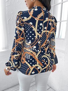 SHEIN LUNE 鏈條和波點圖案燈籠袖木耳邊領襯衫 - 彩色 - 查看 2