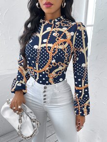 SHEIN LUNE 鏈條和波點圖案燈籠袖木耳邊領襯衫 - 彩色 - 查看 6