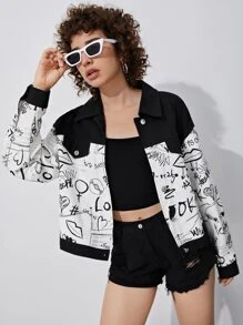 SHEIN Letter & Lips Print Drop Shoulder Jacket - Black and White - View 3