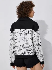 SHEIN Letter & Lips Print Drop Shoulder Jacket - Black and White - View 2
