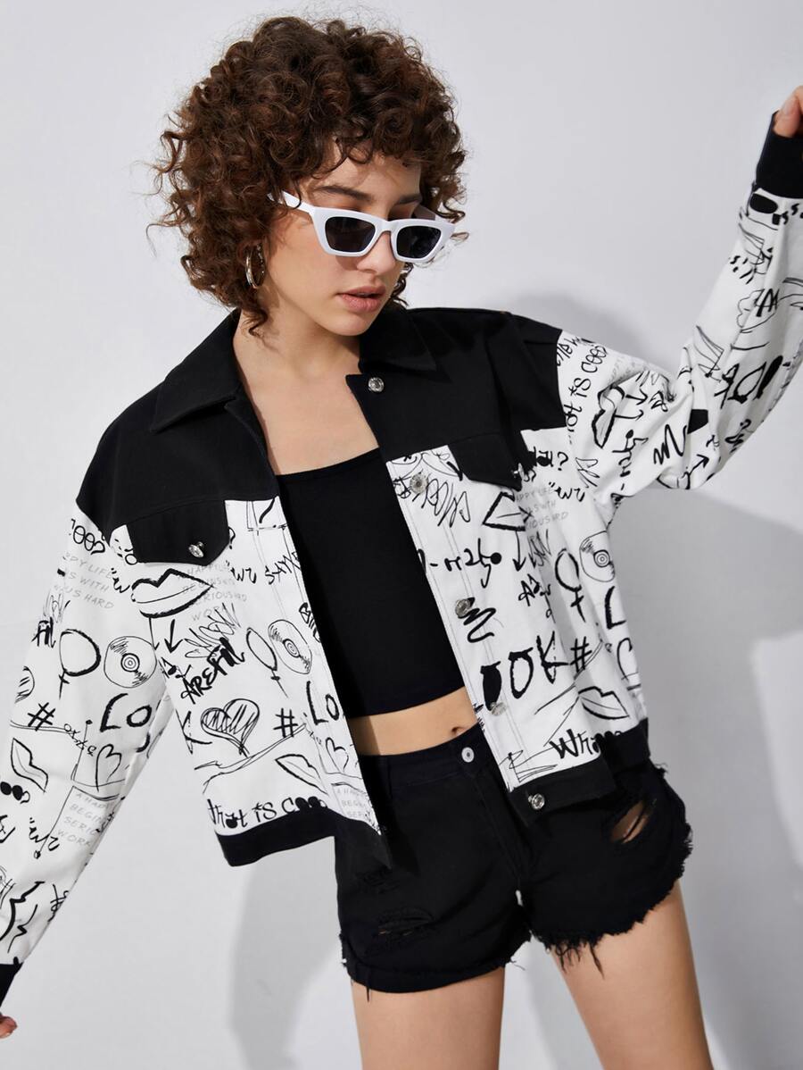 SHEIN Letter & Lips Print Drop Shoulder Jacket - Black and White - View 1