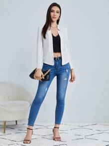 BizChic Women's Lightweight Open Front Blazer Jacket, Basic Top For Urban Commuting, Minimalist & Fashionable Business Casual Outerwear For Office Wear In Fall/Winter - White - View 4