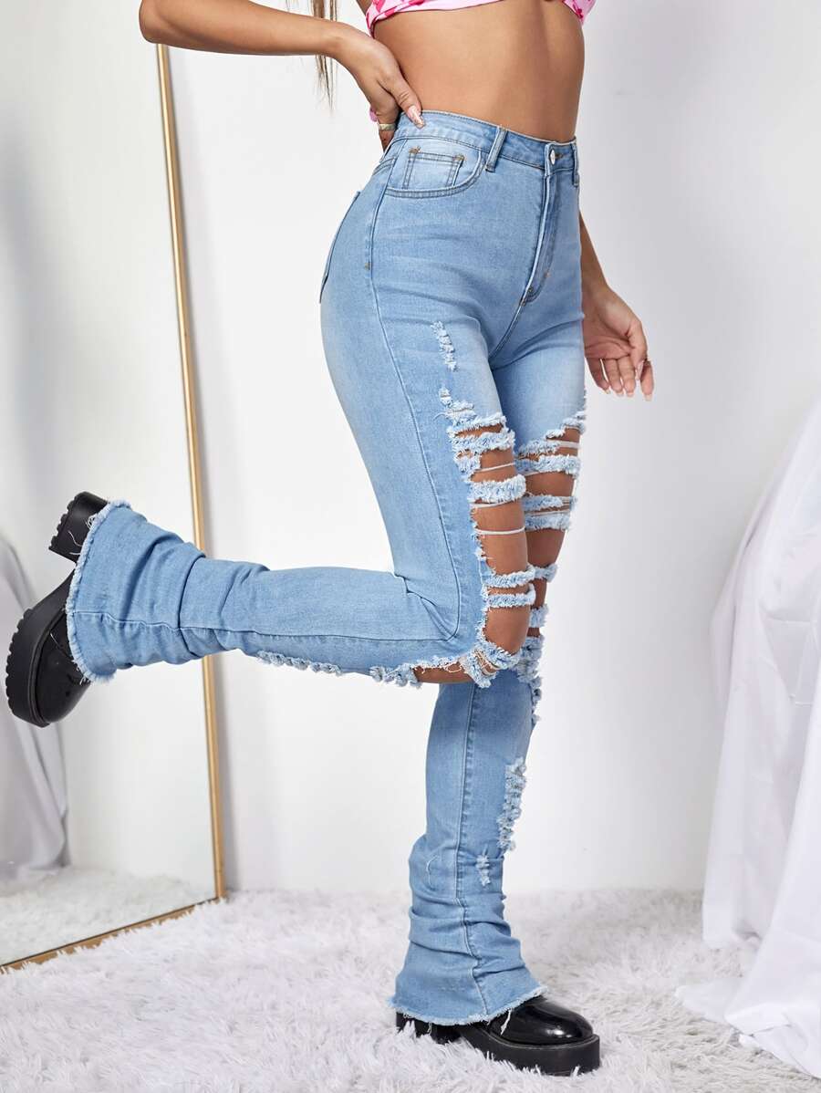 Ripped & Raw Hem Jeans - Light Wash - View 1