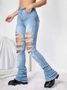 Ripped & Raw Hem Jeans - Light Wash - View 4