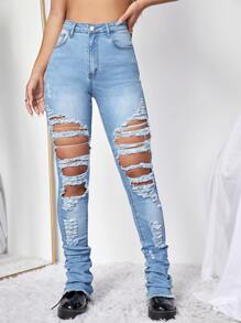 Ripped & Raw Hem Jeans - Light Wash - View 5